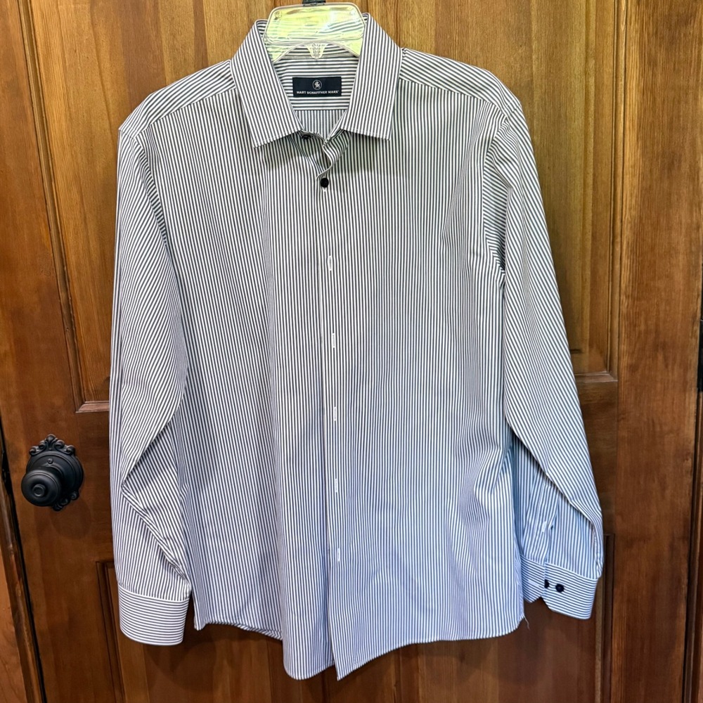Hart Schaffner Marx Mens L Blue White Striped Cotton Long Sleeve Button Shirt